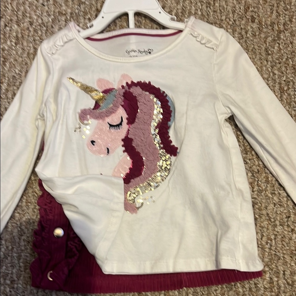 Janie and Jack Cream and Pink Long Sleeve Tee with Unicorn Design
